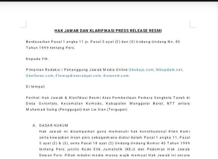 Kuasa Hukum Muhamad Saing Ajukan Hak Jawab Atas Pemberitaan NTTUPDATE.NET Terkait Sengketa Tanah di Gorontalo Komodo